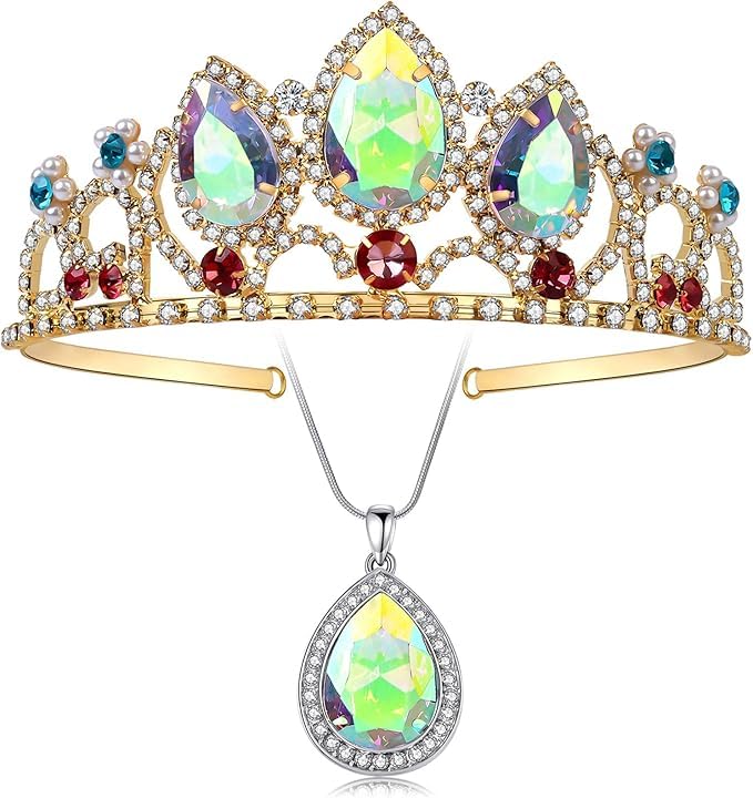 

[ХУЦЫДАО] Тиара Рапунцель Корона принцессы и ожерелье, Вдохновленный Запутанной историей аксессуар для волос для девочек, Золотая корона с блестящими камнями Аврора, Отличный подарок для