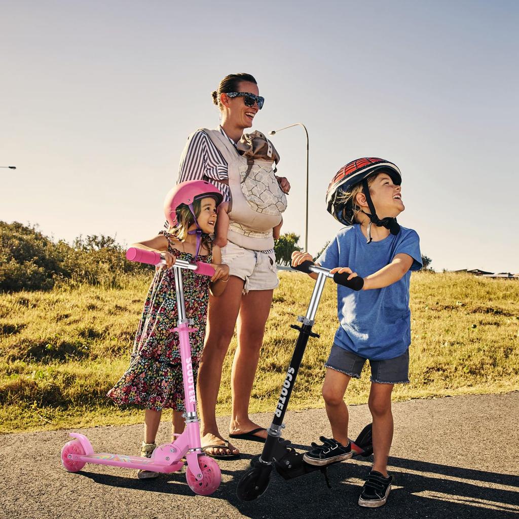 TENBOOM Kids' Kick Scooter for Kids Ages 3-12, 2-Wheel LED Tires, 50kg Weight Capacity, Foldable, with Foot Brake, Pink, Perfect As a Baby Gift