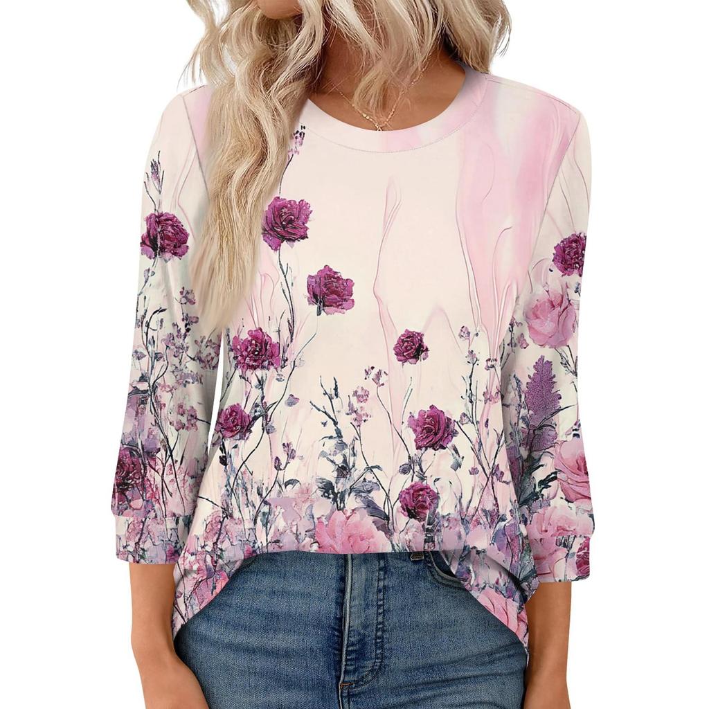 Women's Fashion Casual Round Neck 3/4 Sleeve Loose  Printed T-Shirt Ladies Top