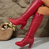 Size 35-43 Women's Red Leather Long Boots Front Lace-up Side Zipper Pointed Toe Chunky High Heel Fashion Knee-High Boots Autumn