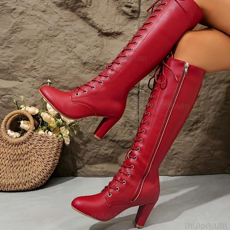 Size 35-43 Women's Red Leather Long Boots Front Lace-up Side Zipper Pointed Toe Chunky High Heel Fashion Knee-High Boots Autumn