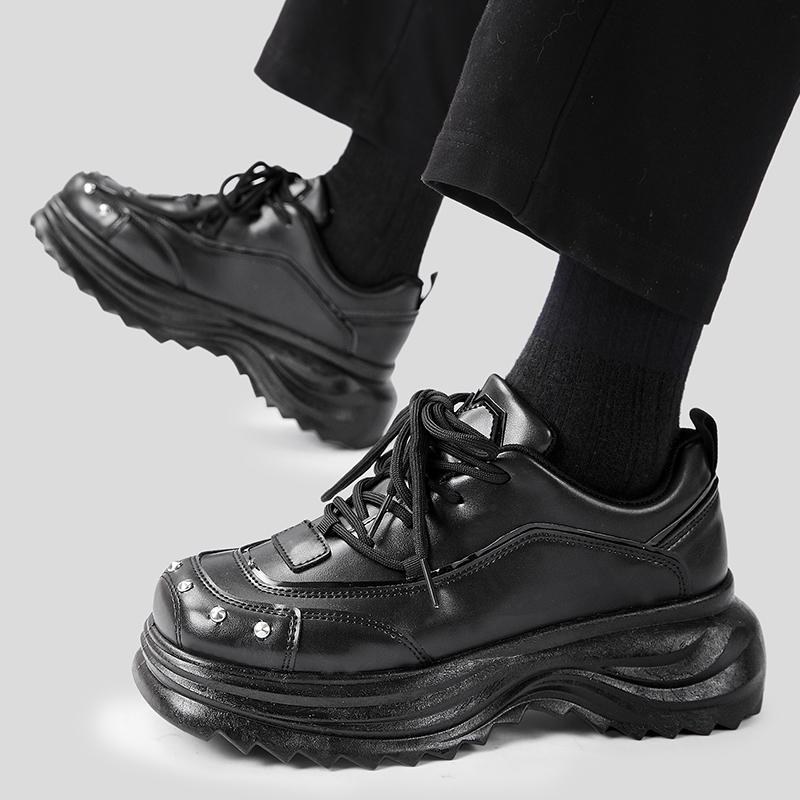 Fashion Fashion Blue Square Toe Leather Shoes Men Chunky Casual Sneakers Designer Rivets Platform Shoes Men Increase Height Derby Shoes