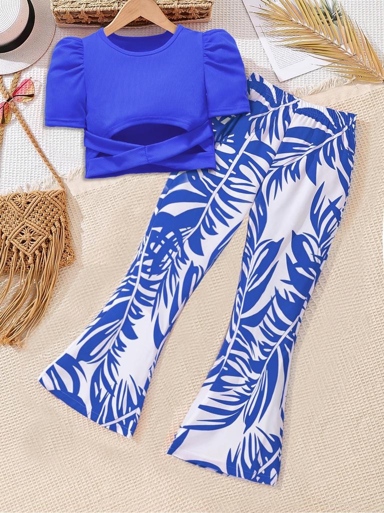 Girls' Fashionable Top and Wide-leg Pants Set - Summer Children's Casual Outfit