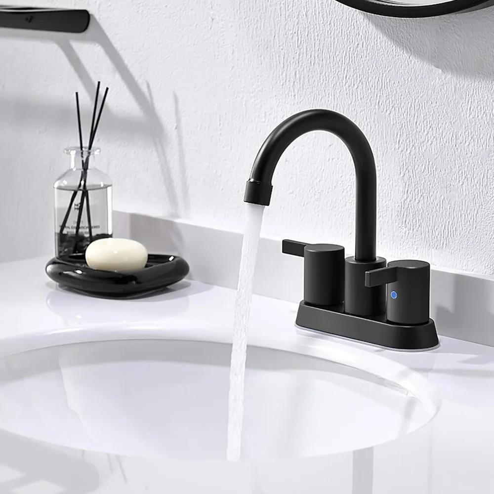 2 Handle Centerset Matte Black Lead-Free Modern Bathroom Faucet, 4 Inch 360 Swivel Spout 2-3 Hole RV Bathroom Vanity Sink Faucet