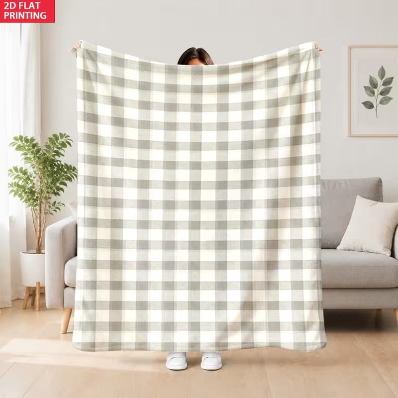 Geometric Grid Flannel Throw Blanket Classic Check Plaid Pattern Soft Cozy Blanket Minimalist Farmhouse Sofa Bed Home Decor