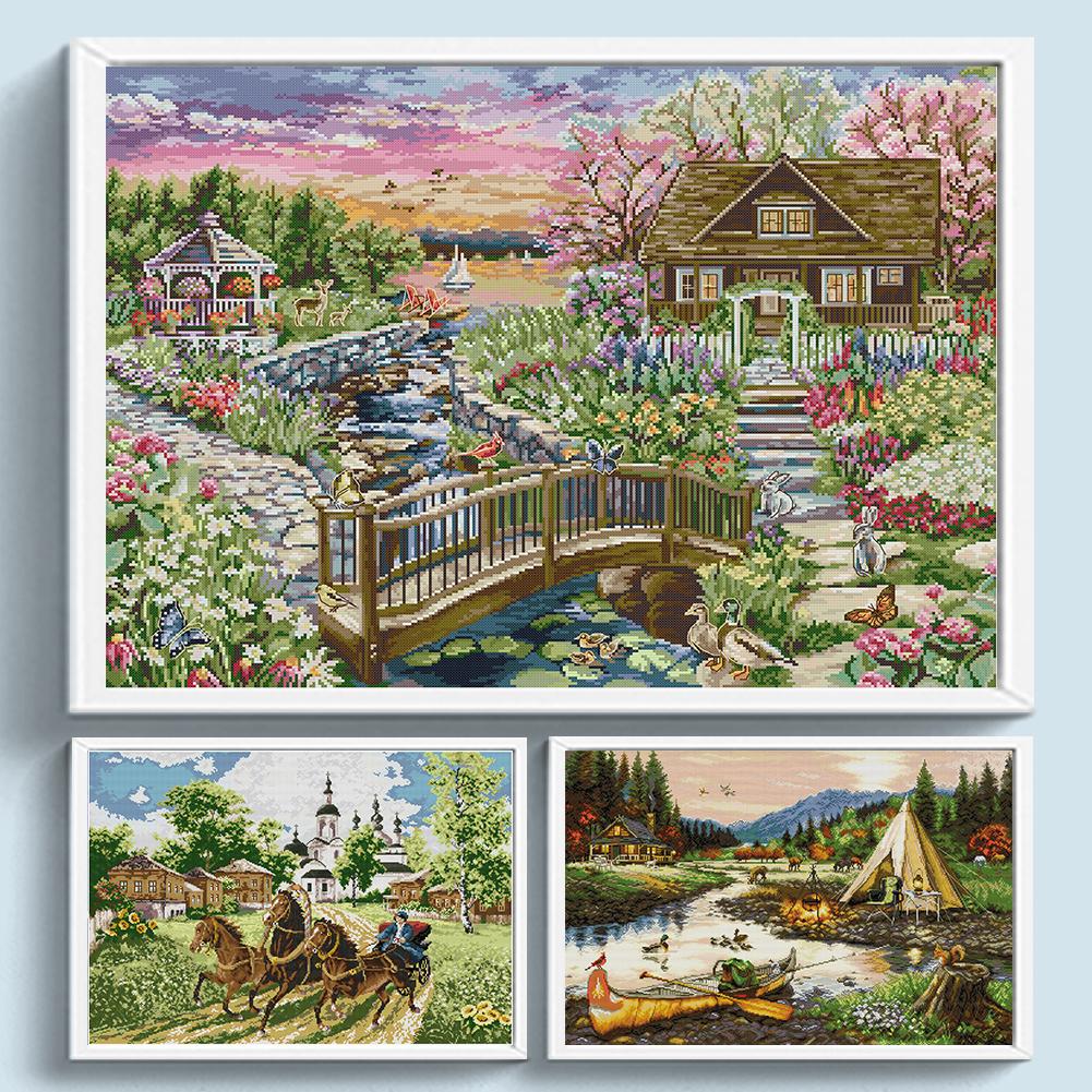 Full Embroidery Eco-cotton Thread 14CT Printed Landscape Cross Stitch Kit