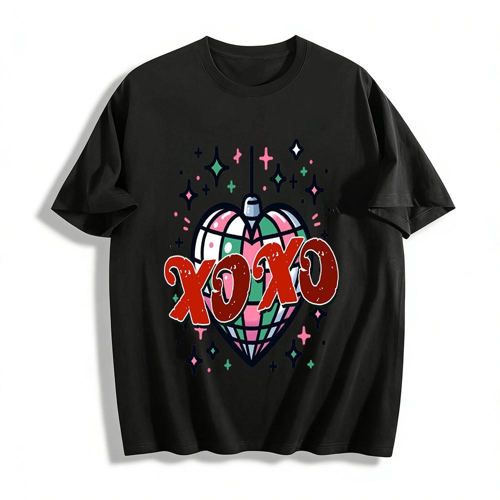 Heart Disco Ball XOXO Print Retro Casual Short Sleeve Top Pure cotton T-shirt XXS