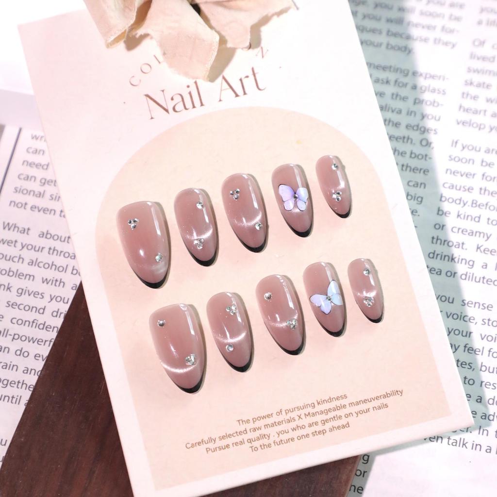 French Black Cat Eye Press-On Nails, Short Almond Shape with Butterfly Rhinestones for Autumn/Winter