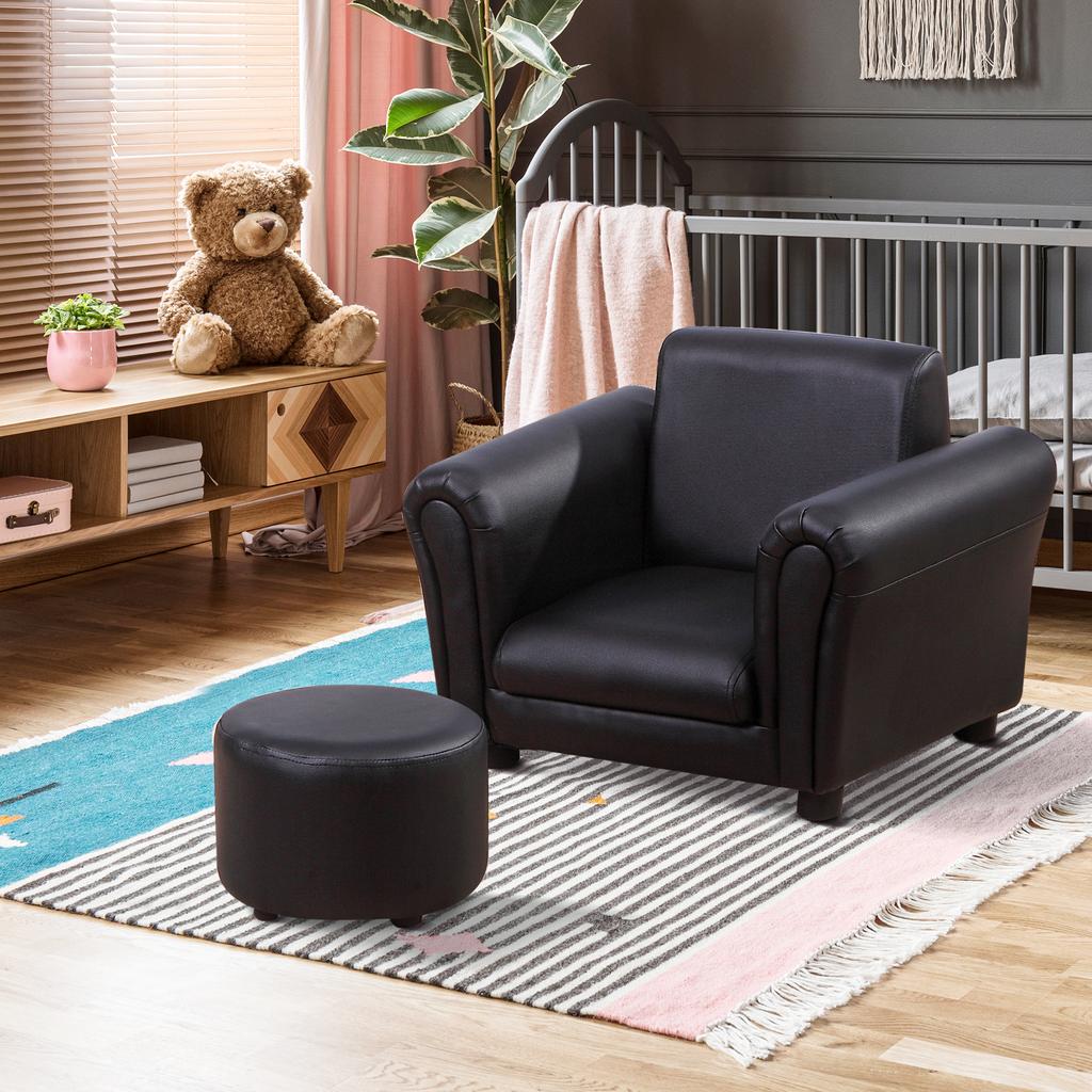 Toddler Chair Single Seater Kids Sofa Set, 54 x 42 x 41cm, Kids Sofa with Stool, Black