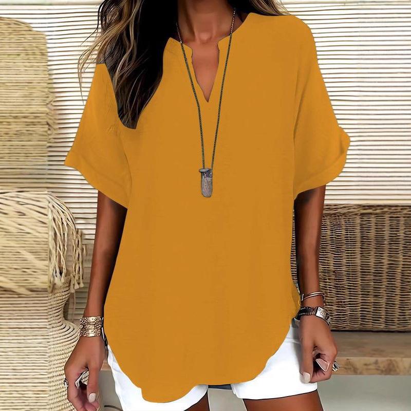 Summer Loose and Fashionable Pure Color V-neck Casual Women's T-shirts