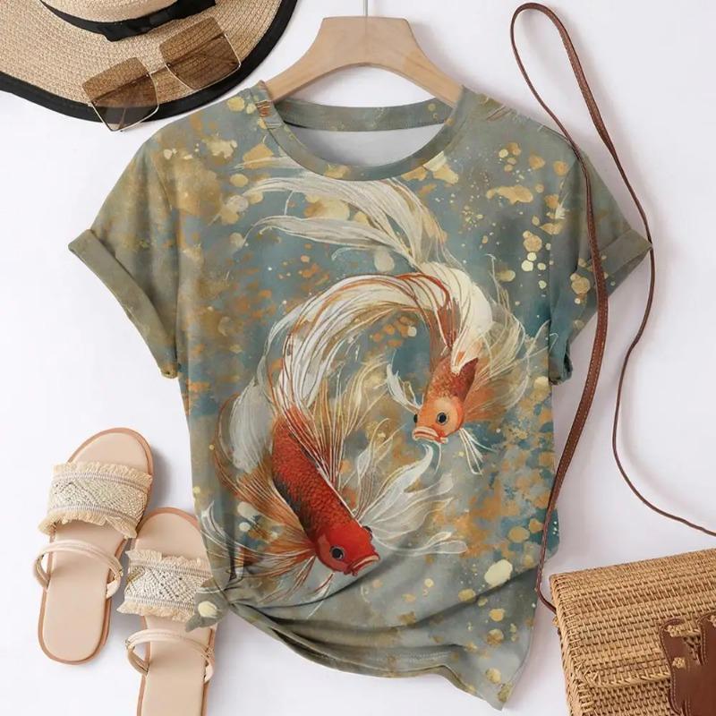 Camisetas Estampadas 3D de Verão Peixe Koi Mulheres Streetwear Moda Casual Harajuku Y2k Camiseta de Manga Curta Gola O Tops Roupas