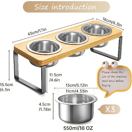 Elevated Cat Bowls with 3 Stainless Steel Bowls | 10° Tilted Anti-Vomiting Raised Cat Food Bowl for Small Cats and Puppies Pet Bowl with Stand