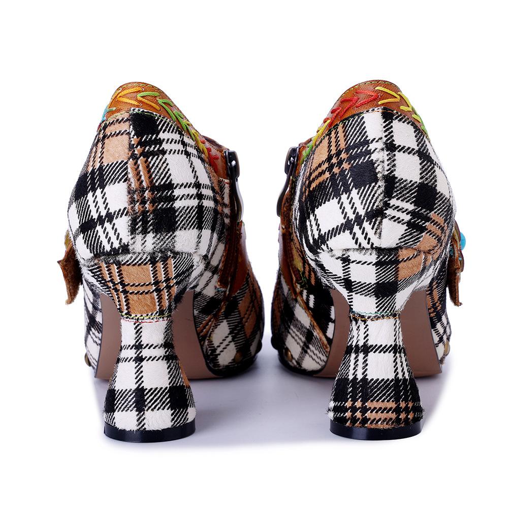 Johnature Retro Plaid Patchwork Comfortable High Heels Genuine Leather Rivet Fashion Women's Pumps
