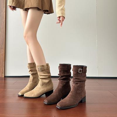 Autunno e inverno nuovi stivaletti corti retrò in camoscio stivali da cowboy western da donna stivali a tubo corto con tacco medio spesso da donna