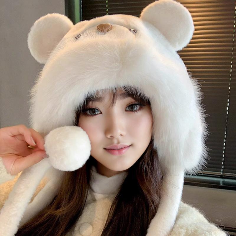 Plush Bear Ear Hat for Women In Autumn and Winter Thickened Warm Ear Protection Goggles Cute Lei Feng Hat Riding Gloves