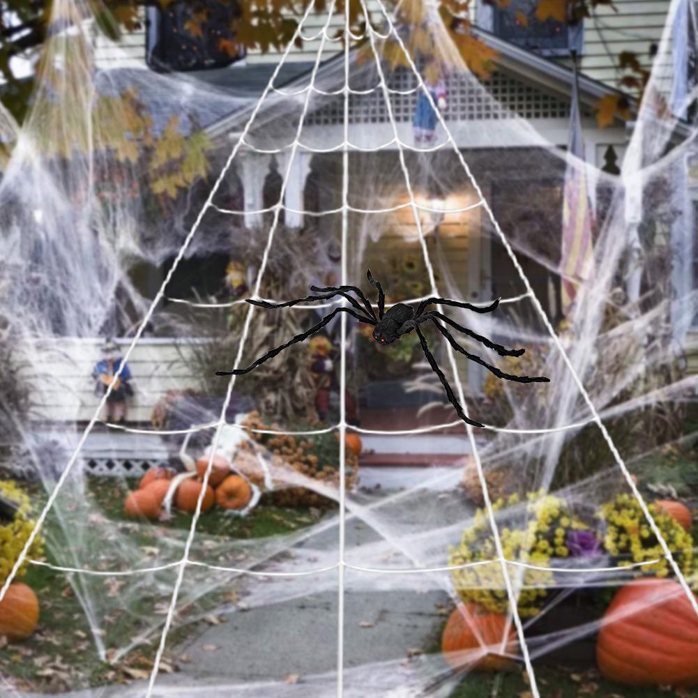Halloween Triangular Spider Web with 8/6/5 Inch Spider Simulation Giant Spiderweb for Patio Garden Yard Haunted House Decor Prop