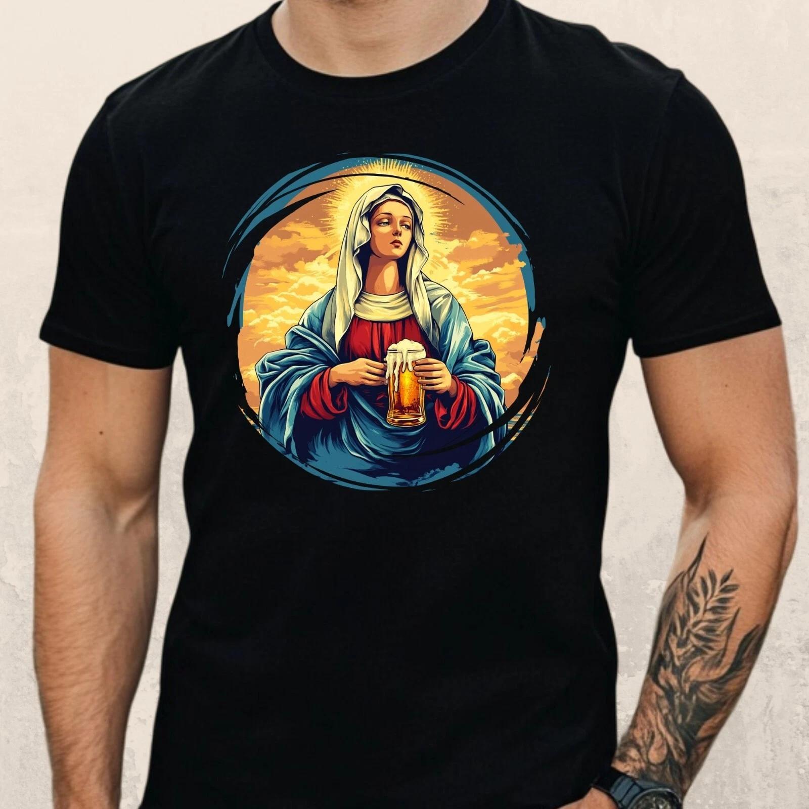 T-Shirt Herren Jungfrau Maria mit Bier Motiv Baumwolle Größe S bis 5XL XS