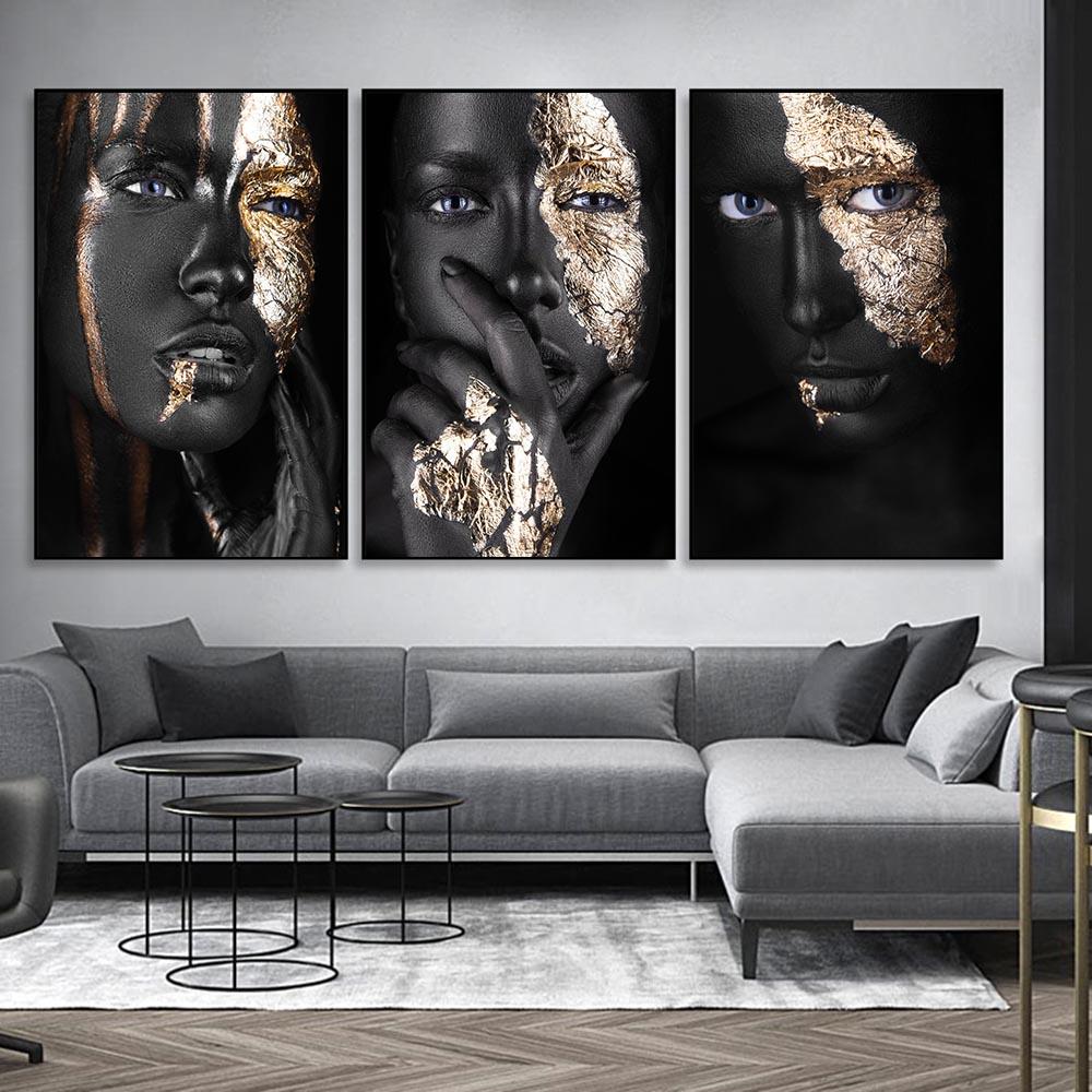 Black Gold Woman Canvas Painting African Women Poster and Prints Scandinavian Wall Art Picture for Home Decor Living Room Mural