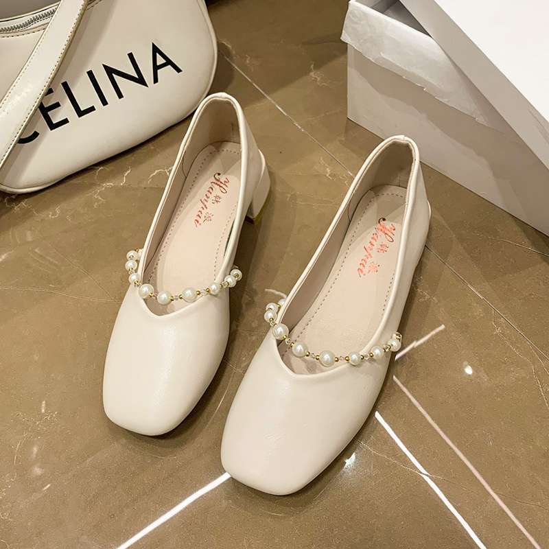 Mary Jane Shoes Women's 2025 Summer New Shallow Mouth Square Head Thick Heel Single Shoes French Temperament Pearl Soft Sole Small Leather Shoes