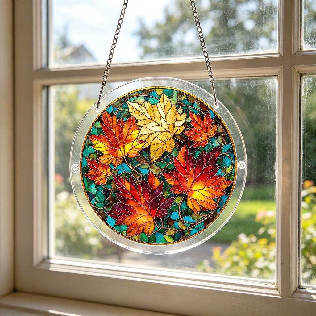 Acrylic Suncatcher Window Hanging Decoration 2D Round Shape with Leaf Pattern Stained Glass Style Home Ornament