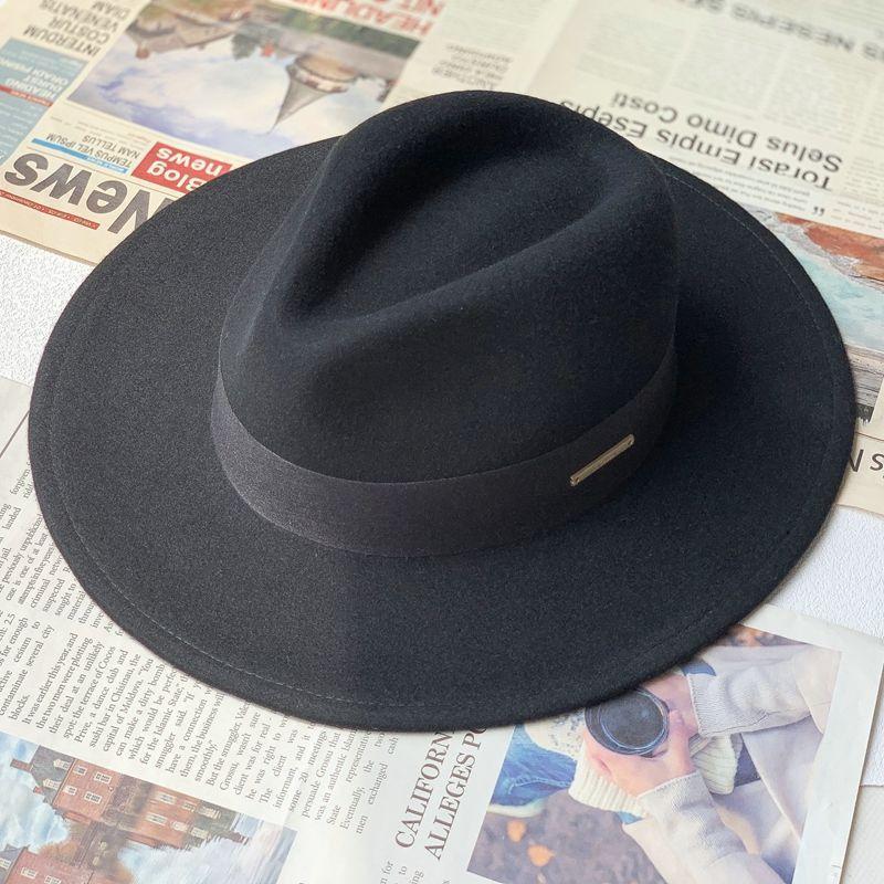 French new autumn and winter flat edge woolen top hat men's and women's fashion wide brim black versatile European and American big head circumference