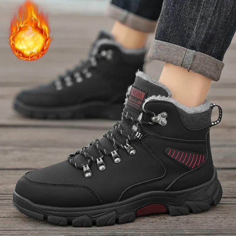 Men's Boots Winter High Top Waterproof Snow Boots Platform Plush Warm CottonShoes Outdoor Non-slip Hiking Travel Boots Plus Size