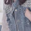 Women's Denim Vest with Pearl Detail – Spring/Summer 2022 Collection: Trendy Loose-Waistcoat Jacket Cardigan.