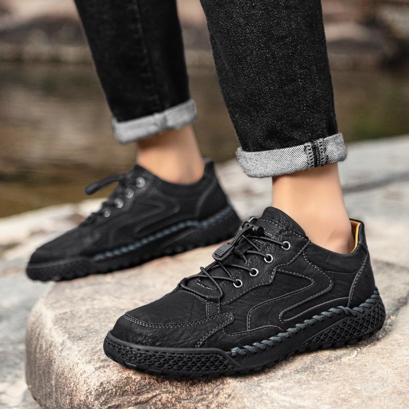 Outdoor Male Sneakers Hiking Shoes All-match Walking Shoes Non-Slip Leather Treking Footwear Leisure Lace Up Mens Casual Flats