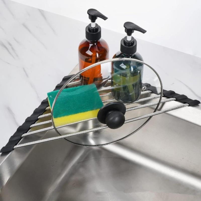 Dish Drying Rack Kitchen Sink Organizer Corner OverThe Sink Sponge Rag Holder Foldable Stainless Steel Drainer Roll Up Triangle