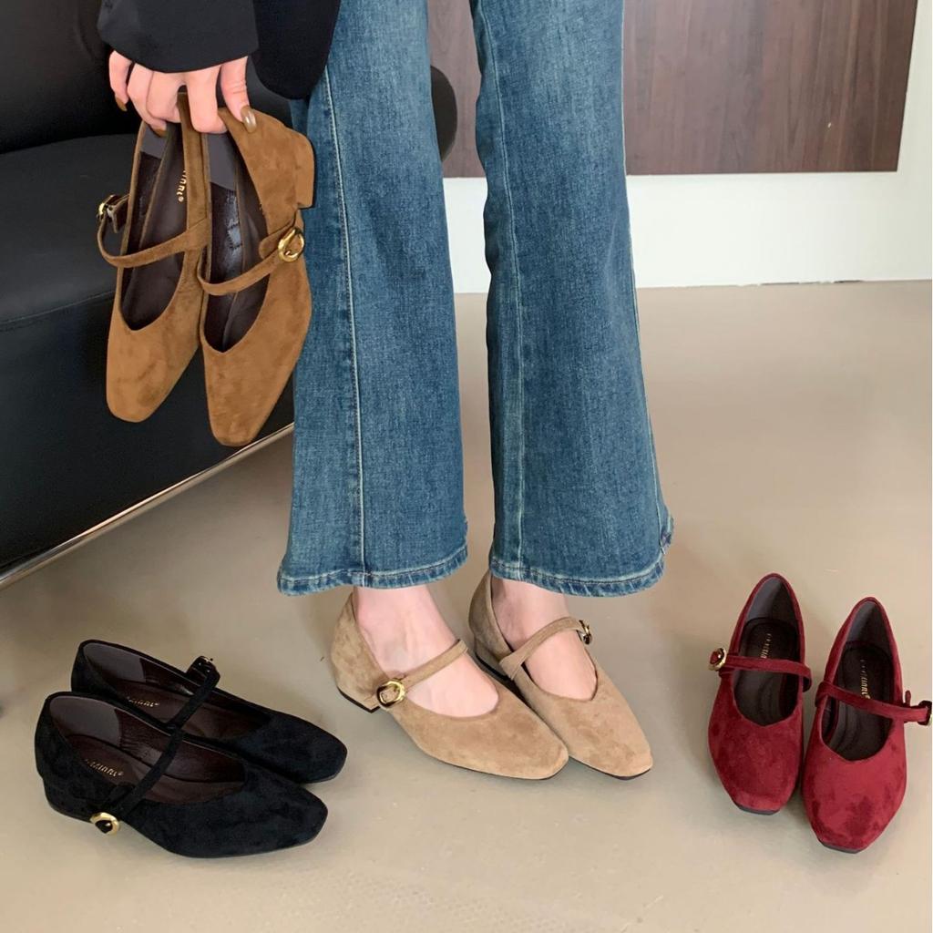 2025 new round head suede one-word with metal buckle, light mouth thick heel versatile OL Mary Jane women's single shoes