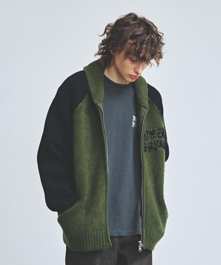 Knitted Bulky Wool Stadium Zip-Up Khaki-Black