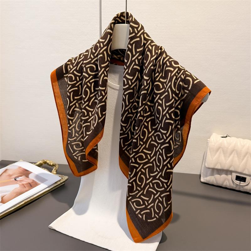 Exotic retro herringbone cotton-linen small square scarf, faux velvet shawl, sun-protective neckerchief for women
