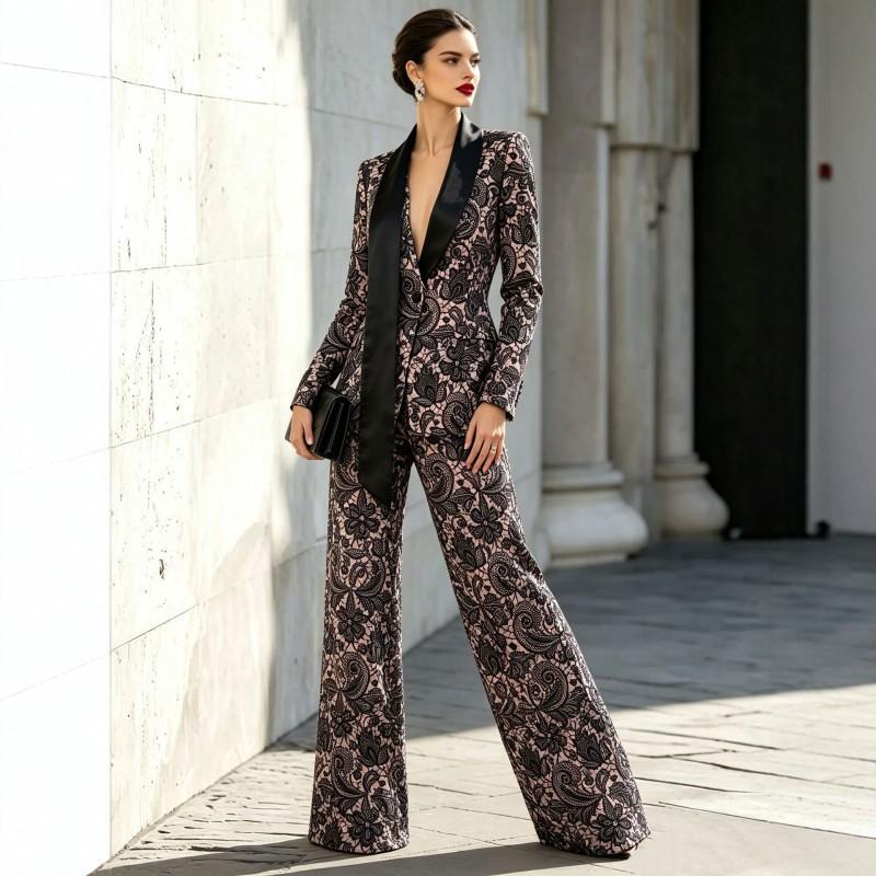 2026 Damen Elegantes Spitzenmuster Maßgeschneidertes Anzugset Lange Hose Büro Chic Outfit