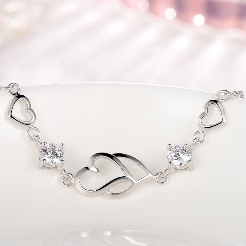 Korean Heart to Heart S925 Sterling Silver Bracelet with Diamond Inlay - Elegant Jewelry Gift for Women