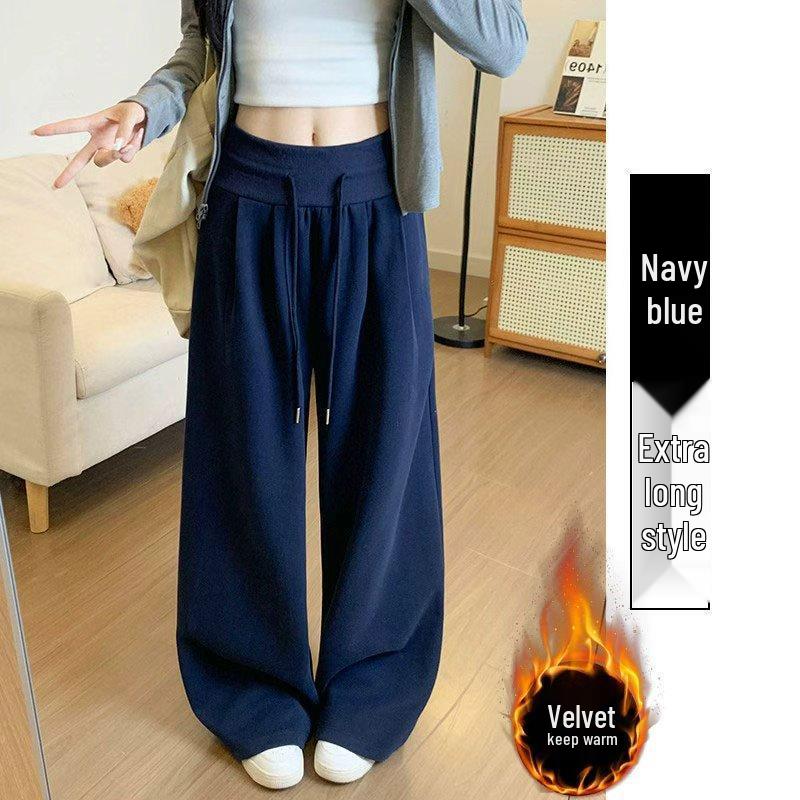 Women's Plus Velvet High-Waisted Wide-Leg Pants - Autumn/Winter Thickened Curve Drape Casual Wear