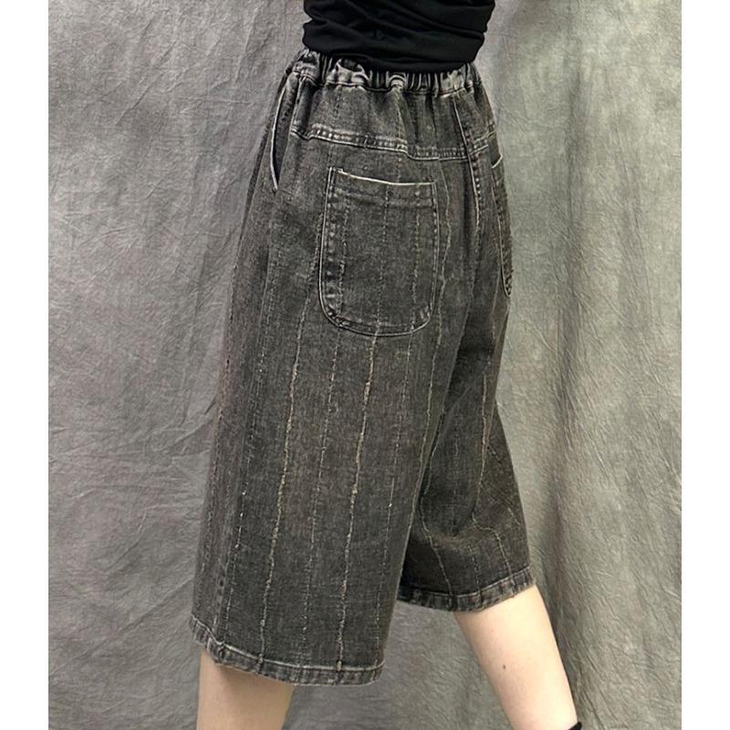 Dimanaf 2025 Summer Women Shorts Jeans Striped Pants High Waist Elastic Basic Loose Black Pants