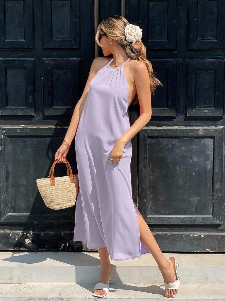 2026 new women's clothing halter neck halter lace-up dress summer seaside vacation style split-ended long dress