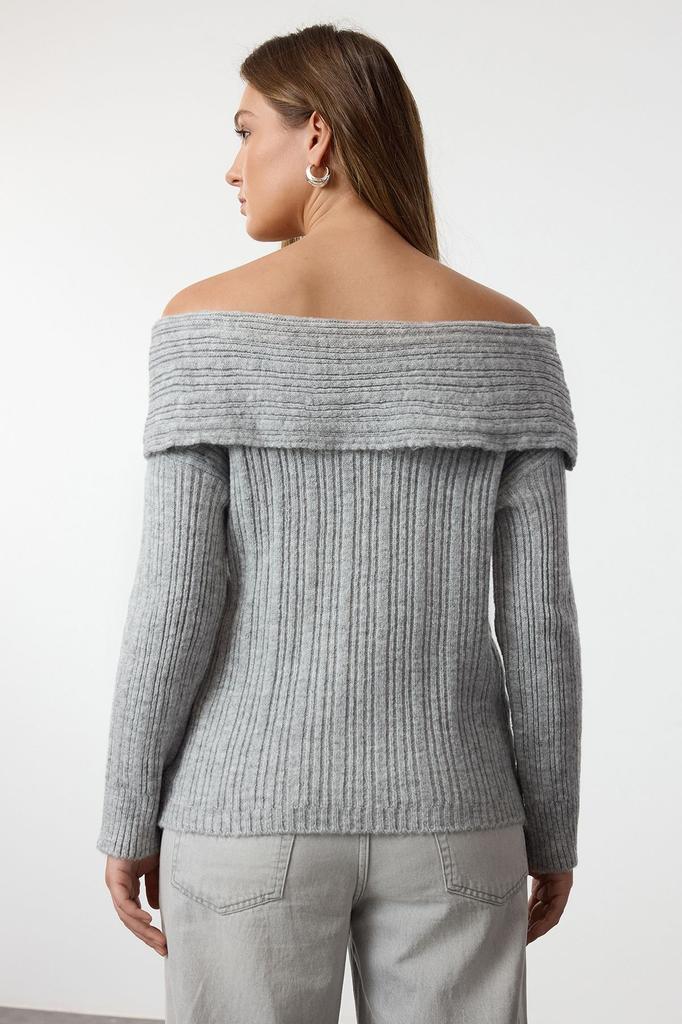 Women's Fashion Stylish Sweater Plum Soft Textured Carmen Collar Knitwear Sweater