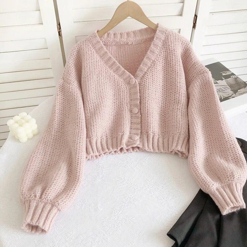 Sexy Sweet Short Knitted Cardigan Sweet Korean V Neck Lantern Sleeve Sweaters for Women Fall Wild Simple Cropped Pink Cardigan Coat