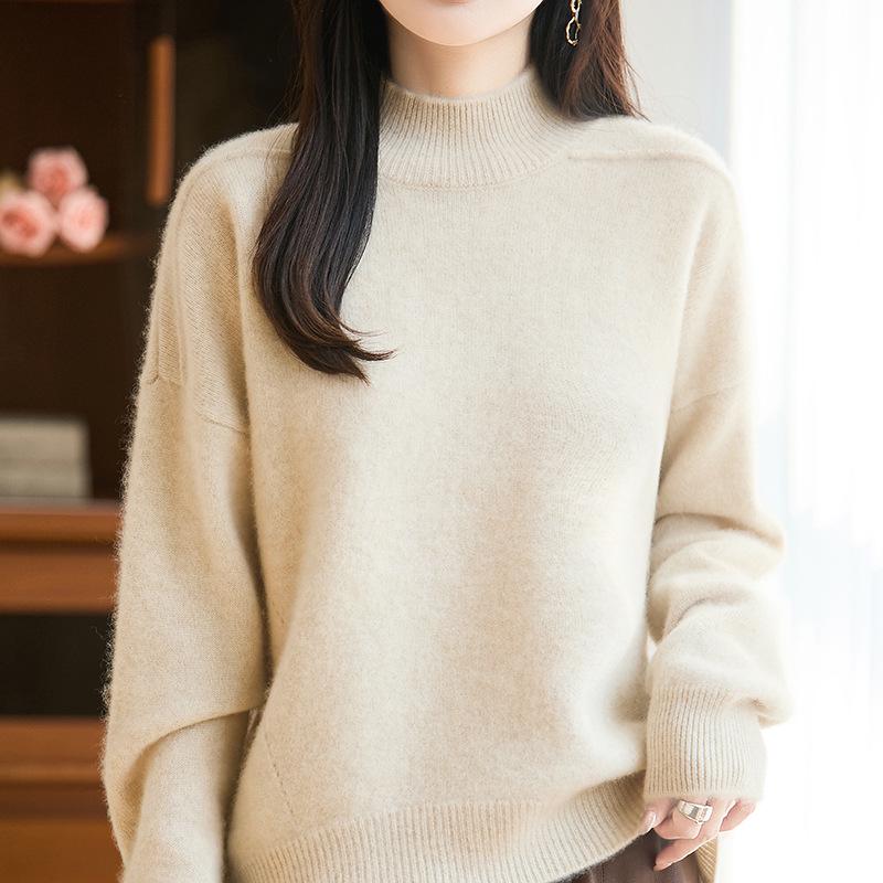Women's Solid Color Pure Wool Raglan Knitwear - Soft, Warm Long Sleeve with Half-High Neck