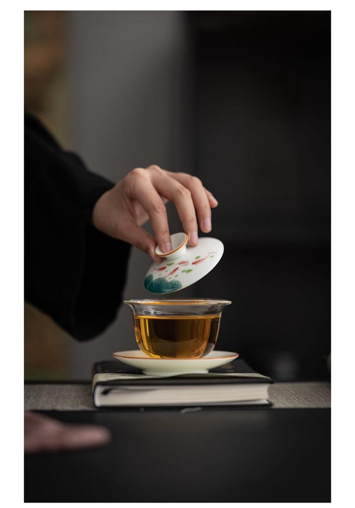 Chinese Hand-Painted Gaiwan Tea Set with Borosilicate Glass and Mutton Fat Jade White Porcelain