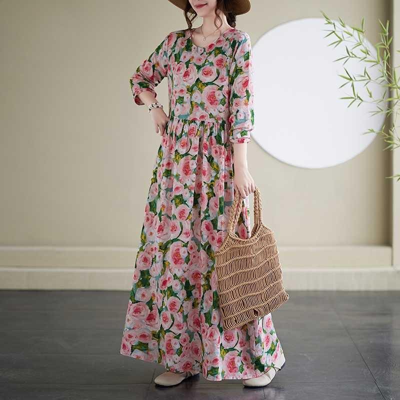 New Floral Vacation Style Travel Round Neck Vintage Dresses