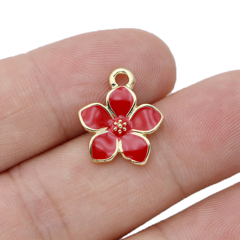 10Pcs Silver Plated Red Enamel Sakura Flower Charm Pendant For Jewelry Making Bracelet Earrings Necklace Diy Accessories Craft