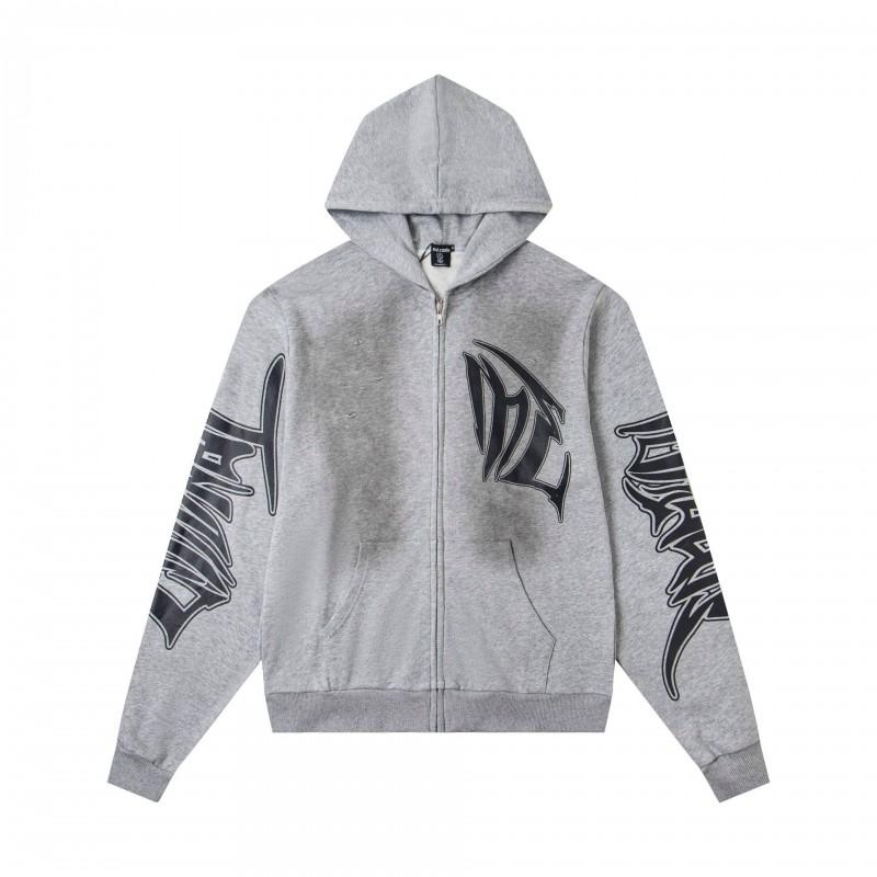 Mens Oversized Hooded Zip-Up Sweatshirt With Rhinestone Letter Print Cotton Streetwear
