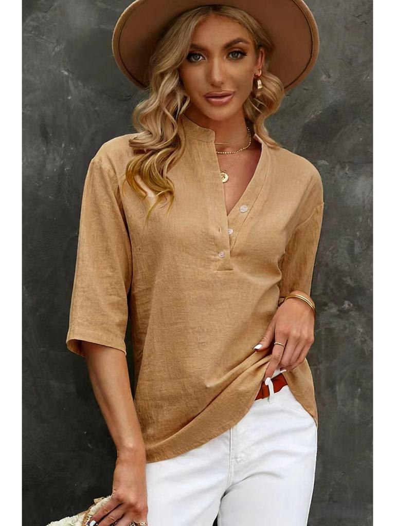 2025 Summer Women's Solid Color Five-Sleeve Loose Fit Pullover Shirt, Plus Size