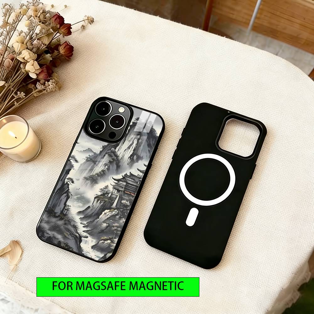 Klassische Chinesische Landschaft Handyhülle Für iPhone17,16,15,14,13,12,11 Plus,Pro Magnetisch mit Magsafe Kabellosem Laden