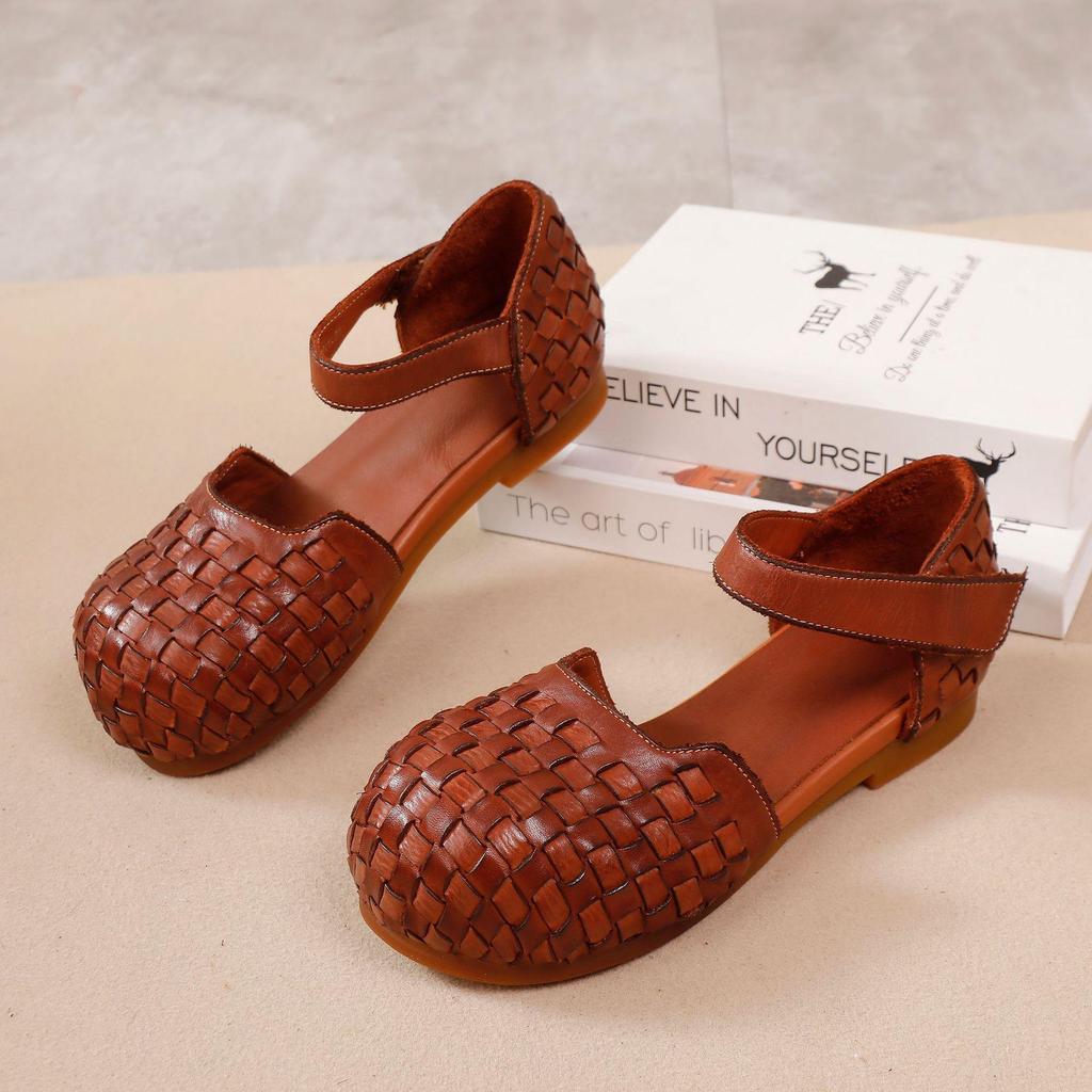 Johnature Women's Sandals Retro Versatile Round Toe Genuine Leather Woven Comfortable Flat Shoes