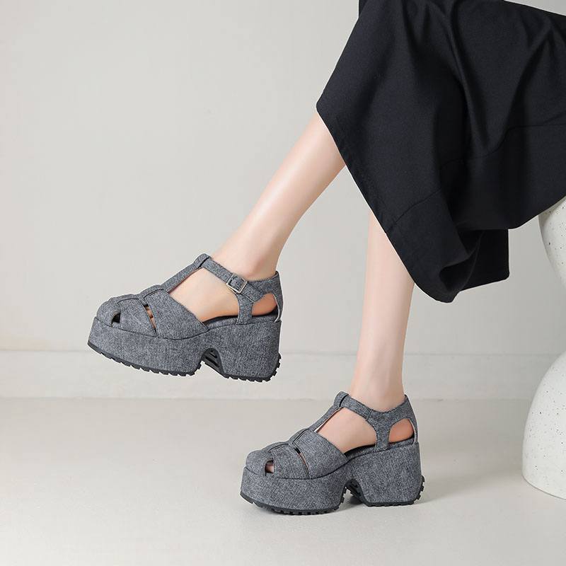 Krazing Pot Polyurethane Spring Summer Size 43 Size 42 Women Platform Women Square Toe Buckle Thick Bottom Pumps