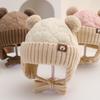 Warm Fleece Ear Protection Hat Thickened Material Knitted Design Infant Hat Bear Ear Style Tie Closure Pullover Hat