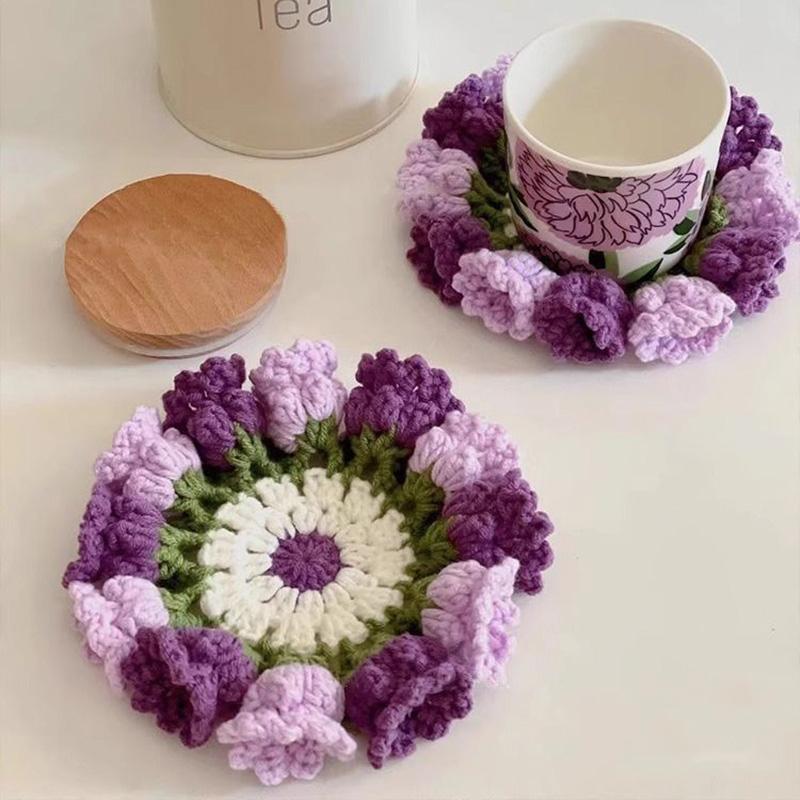 Cute Crochet Coasters Flower Potted Plant Crochet Cup Mat Sunflower Rose Flower Coaster for Home Office Decor Housewarming Gift